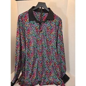 DEOLAX Abstract Pattern Button Down Top Long Sleeve Colorful Funky‎ Golf Shirt